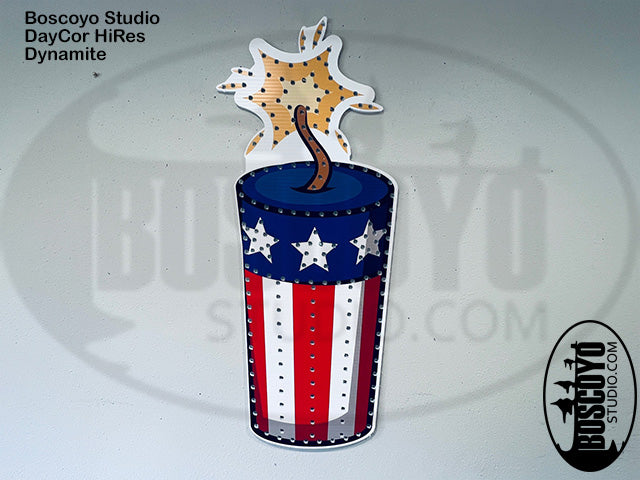 Sticker of a coffee cup with American flag design and a bird on top, branded 'Boscoyo Studio'.